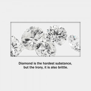 Close-up of several brilliant cut diamonds on a white surface with text about diamond hardness.