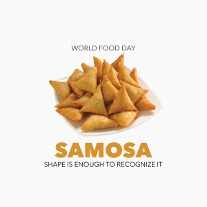 A plate of golden brown samosas with the text 'World Food Day' and 'Samosa'