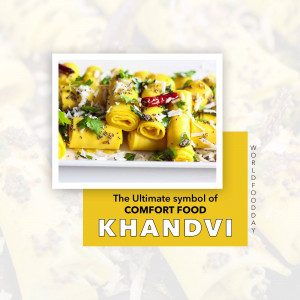 Close-up of Khandvi, a traditional Gujarati snack, served on a white plate with a yellow background.