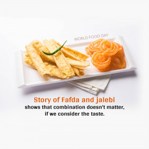 A white plate with Fafda and Jalebi, traditional Indian sweets, with text 'Story of Fafda and Jalebi'