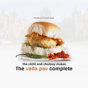 A close-up of a Vada Pav with a blurred background of a city skyline.