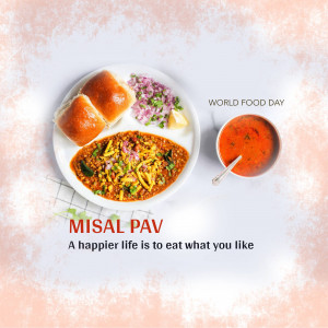 A plate of Misal Pav with a side of chopped onions and a bowl of spicy curry, celebrating World Food Day.