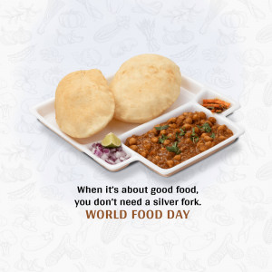 A plate of Chole Bhature with a World Food Day message.