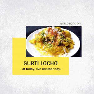 A promotional image for Surti Locho, a Gujarati snack, with text celebrating World Food Day.