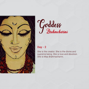 Painting of Goddess Brahmacharini with text describing her as the creator.