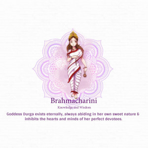 Illustration of Goddess Brahmacharini with a floral background and text.