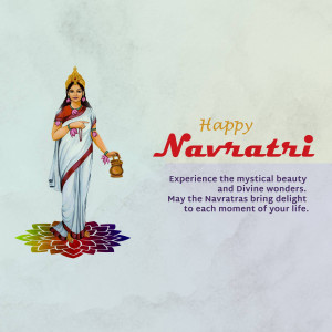 Image depicting Goddess Durga with 'Happy Navratri' text and a colorful floral design.