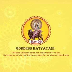 Image depicting Goddess Katyayani riding a lion, celebrating the sixth day of Navadurga.
