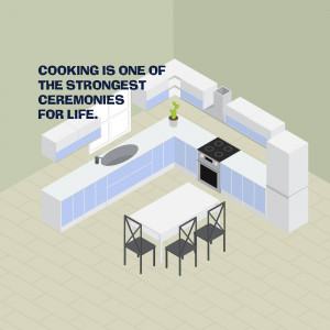 Isometric view of a light blue modern kitchen with a dining table and the text 'Cooking is one of the strongest ceremonies for life'.