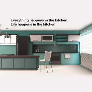 A modern kitchen with teal walls and white cabinets.