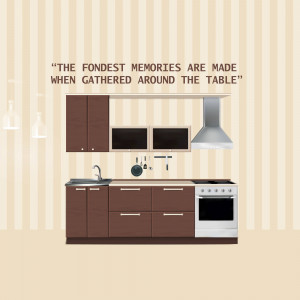 Modern kitchen with brown cabinets and a quote about memories
