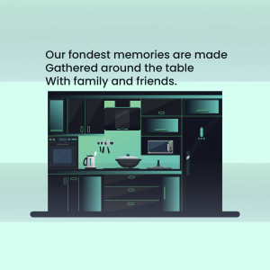 Illustration of a modern kitchen with a laptop displaying a family scene