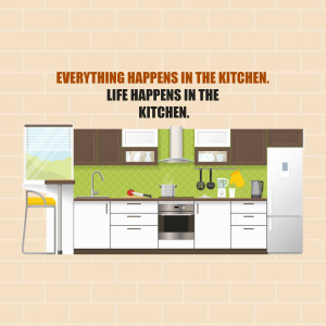 Illustration of a modern kitchen with the text 'Everything Happens in the Kitchen. Life Happens in the Kitchen.'