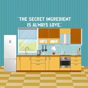 Illustration of a cozy kitchen with the quote 'The secret ingredient is always love'.