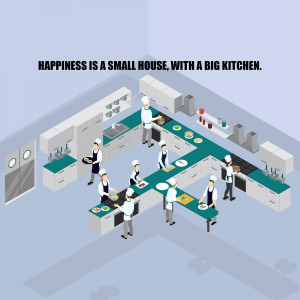 Isometric illustration of a large kitchen with chefs preparing food.