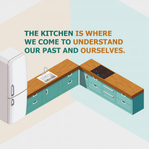 Isometric illustration of a kitchen with a quote about memories.
