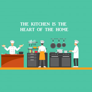 Illustration of chefs in a kitchen with the text 'The Kitchen is the Heart of the Home'