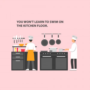 Illustration of a kitchen with chefs and a motivational quote about learning.