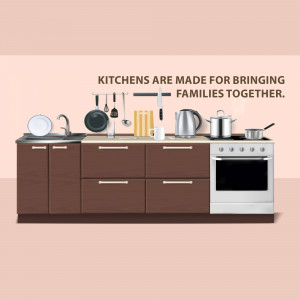 Modern kitchen with cookware and the text 'Kitchens are made for bringing families together'