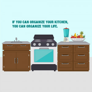 Illustration of a well-organized kitchen with a sink, stove, and countertop with fruits and a blender.