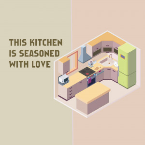 Isometric illustration of a kitchen with the text 'This kitchen is seasoned with love'
