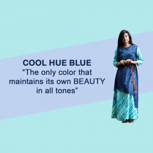 Woman wearing a blue and white patterned kurti with the text 'COOL HUE BLUE'