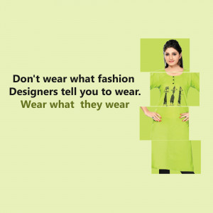 Woman in green kurta with a fragmented design and motivational text.
