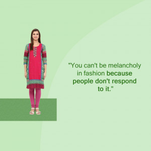 A woman wearing a colorful kurti and leggings, posing against a green background with a fashion quote.