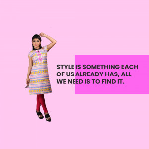Woman wearing a patterned kurti with a pink background and text overlay.