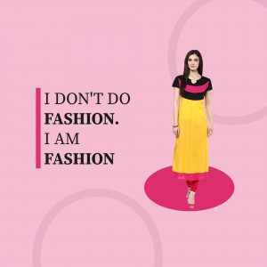 Woman wearing a yellow and black kurti with a pink background and text 'I Don't Do Fashion. I Am Fashion'.