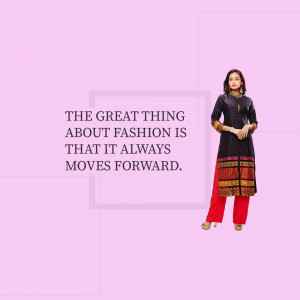 Woman wearing a stylish black and red kurti with a fashion quote.