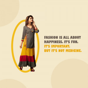 Woman in a stylish kurta and skirt with a fashion quote.