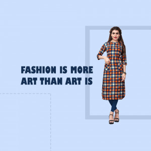 Woman wearing a patterned kurti with the text 'Fashion is More Art Than Art Is'
