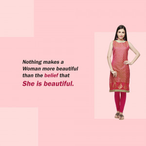 A woman wearing a red and gold patterned kurti with pink leggings, posing with a motivational quote.