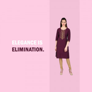 Woman wearing a purple kurti with the text 'Elegance is Elimination'