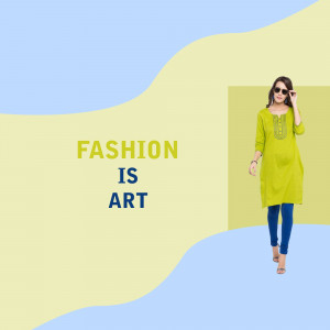 Woman wearing a green kurti and blue jeans, posing in front of a pastel background with the text 'Fashion is Art'.