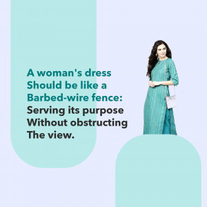 A woman in a teal dress with a quote about the purpose of clothing.