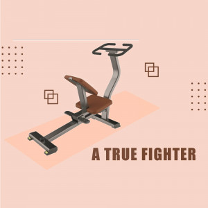 A 3D rendering of a home rowing machine against a peach background with geometric shapes.