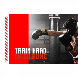 A boxer wearing a VR headset and boxing gloves punching a punching bag with the text 'TRAIN HARD OR GO HOME'