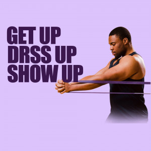 Man pulling on a bar with motivational text overlay