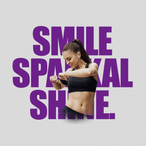 Woman in workout clothes with the text 'Smile Sparkle Shine'