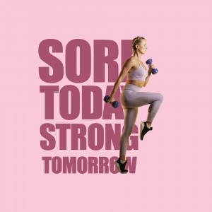 Woman exercising with dumbbells in front of motivational text.