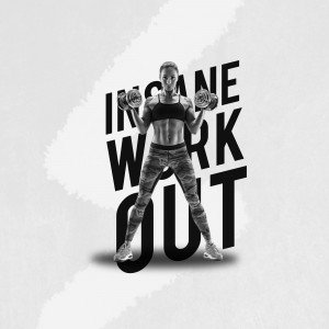 Woman lifting dumbbells with motivational text overlay
