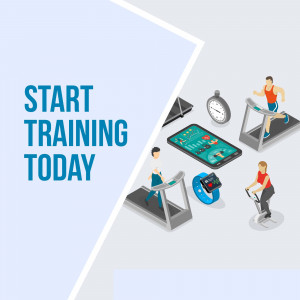 Isometric illustration of people exercising with fitness trackers and equipment.