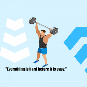 Illustration of a muscular man lifting a barbell overhead with motivational text.