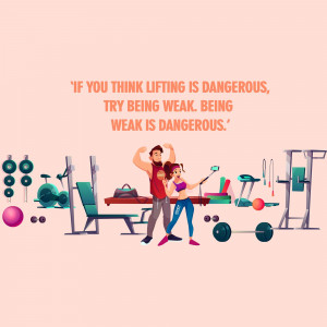 Illustration of a man and woman in a gym with motivational text.