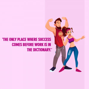 Cartoon illustration of a muscular man and a fit woman with a motivational quote.