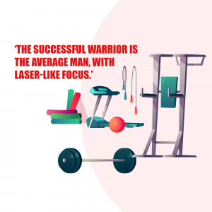 Motivational quote about focus and fitness with gym equipment