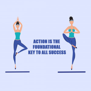 Two women in yoga poses with motivational text