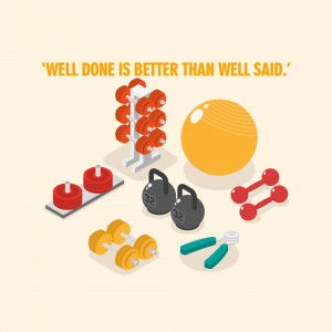 Isometric illustration of gym equipment with motivational quote.
